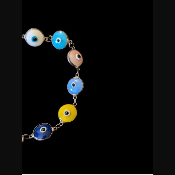 925 Oxidized Sterling Silver Multicolor Evil Eye Size 6.75" Bracelet - Picture 7 of 10